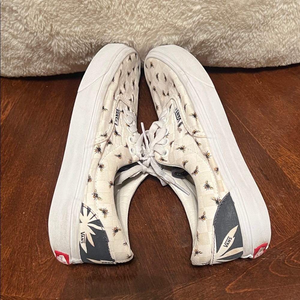 Vans White Checkerboard Sneakers with Black and Yellow Bee Print - Picture 6 of 8